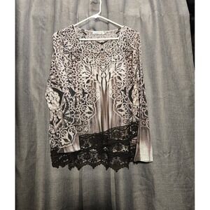 Unity World Wear Tunic Top Long Sleeve‎ Lace Trim Embellished Print Small